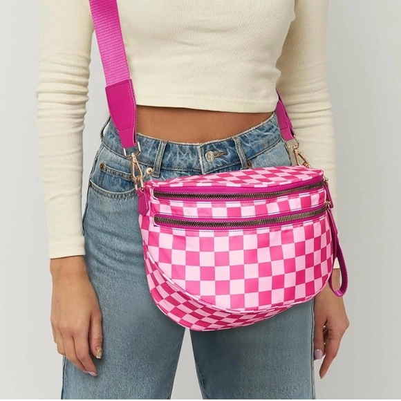 Pink Checkered Crossbody Bag Spacious Bum Bags Nylon Fanny Packs - Picture 2 of 4